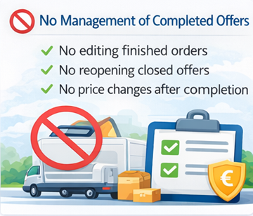 Иллюстрация, показывающая, что водители не могут редактировать или повторно открывать завершённые предложения на перевозку на платформе ExusTrans